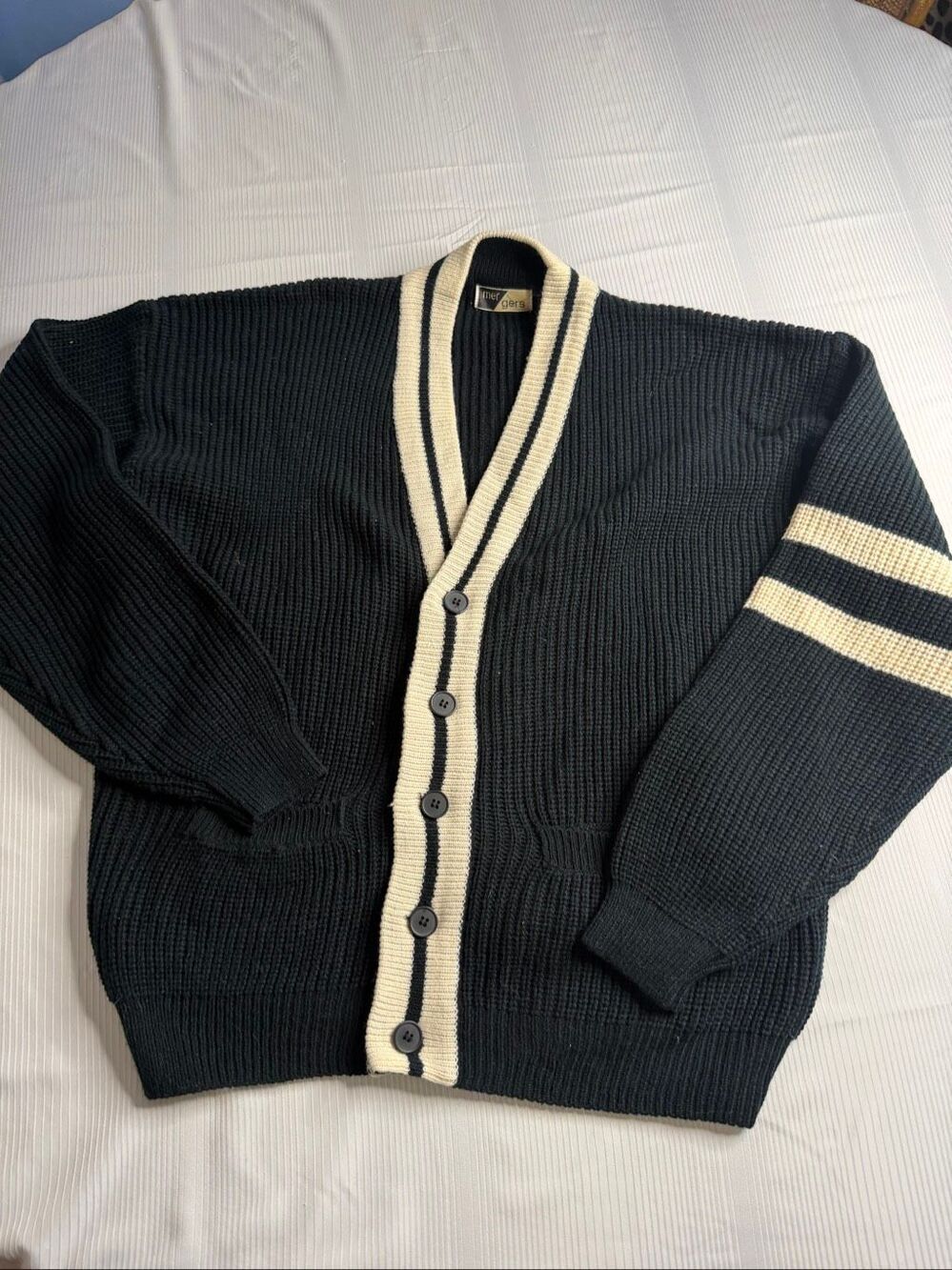 Mergers Vintage Black White Acrylic Cardigan Sweater Size XL New